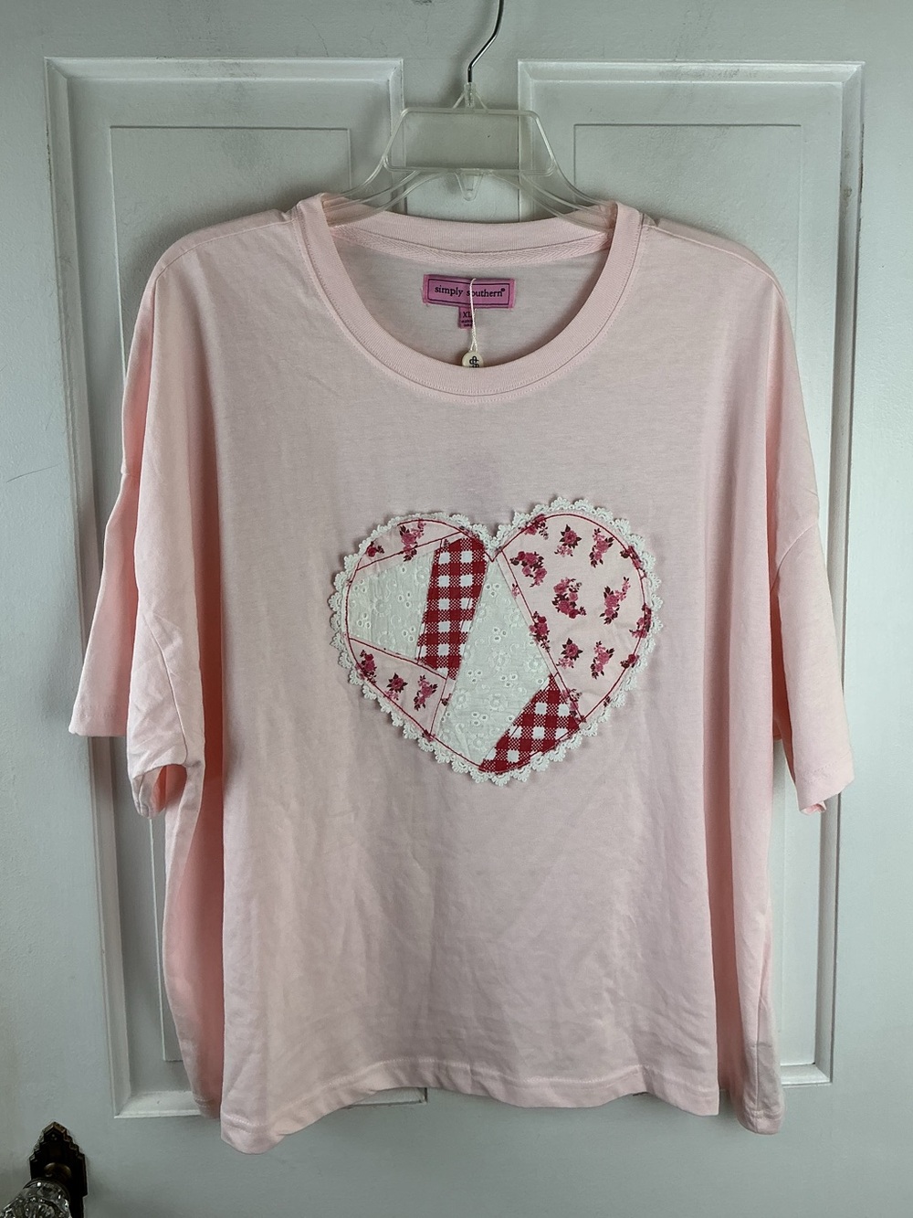 Women’s Patchwork Heart Lace Trim Tee Pink Size XL Cottagecore